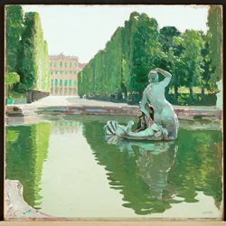 Den vakre fontenen i Schönbrunn-parken - 1910 … (maleri på lerret)