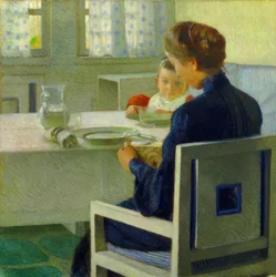 Mor og barn ved bordet. Carl Moll