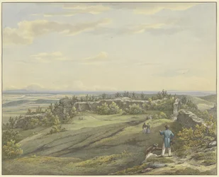 Borggården ved Falkenstein-ruinen med utsikt over Main-sletten, Odenwald og Rhinhøydene
