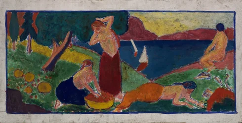 Kvinner i landskap med blå kant, før 1932.