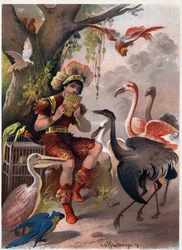 Papageno med panfløyte bringer fuglene fra skogen. Illustrasjon av Carl Offterdinger (1829-1889) i "" Den fortryllede fløyten"" (Die Zauberflote, flauto magico, Tryllefløyten). Privat samling.