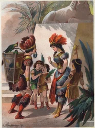 Den svarte jegeren lukker Papagenos munn med en lås for å straffe ham for å ha løyet og tatt æren for å ha drept slangen foran dronningen. Illustrasjon av Carl Offterdinger (1829-1889) i «Tryllefløyten». (Die Zauberflöte, flauto magico, The Magic Flute)
