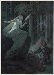 Gebyret som løp av gårde med en gyllen spindel sang skjebnen til en gyllen knapp. Illustrasjon av Carl Offterdinger (1829-1889) i “” Bouton d