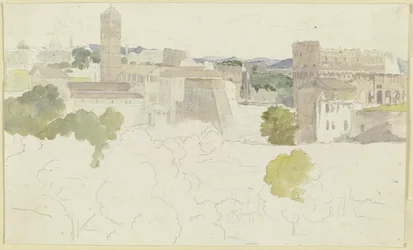 Utsikt over Roma med Colosseum til høyre, fjell i det fjerne