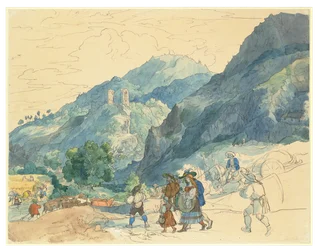 Landskap i nærheten av Innsbruck med ruinene ved Fragenstein og landsbyfolk som er på vei hjem og arbeider på åkrene