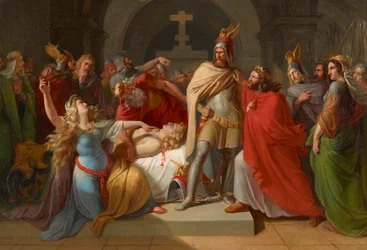 Kriemhild erklærer Hagen som Siegfrieds morder ved hans lik og sverger hevn, 1835