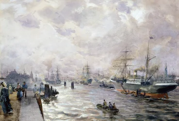 Seilskip i havnen i Hamburg, 1889 (wc og gouache på papir)