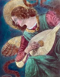 Englemusiker. Del av et freskomaleri av den italienske renessansemaleren Melozzo da Forli, også kjent som Michelozzo degli Ambrogi (1438 - 1494), malt rundt 1480. Bildedato: ca. 1900. Carl Simon Archive