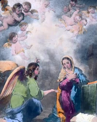 Bebudelsen. Maleri av den spanske barokkmaleren Bartolome Esteban Murillo (1617–1682) fra 1655. Bildedato: ca. 1910. Carl Simon-arkivet.