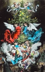 Himmelsk juletre. Illustrasjon av den tyske maleren og grafikeren Fritz Richter (1904–1981). Bildedato: ca. 1930. Carl Sinon-arkivet.
