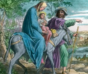 Flukten til Egypt. Bibelsk illustrasjon (udatert) av den tyske maleren Julius Schnorr von Carolsfeld (1794–1872). Bildedato: ca. 1900. Carl Simon-arkivet
