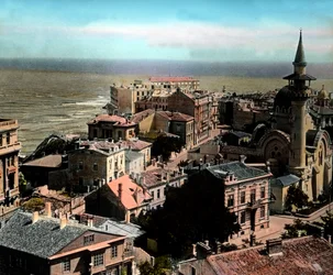 Romania, byen Constanța, en av de største havnene ved Svartehavet. Utsikt mot Den store Mahmudiye-moskeen, bildedato: omkring 1920. Carl Simon-arkivet