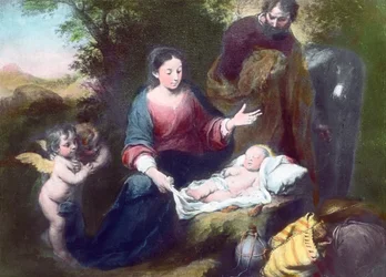 Det sovende Kristusbarnet med engler, Maria og Josef. Maleri (udatert) av den spanske barokkmaleren Bartolome Esteban Murillo (1617–1682). Bildedato: ca. 1900. Carl Simon-arkivet.