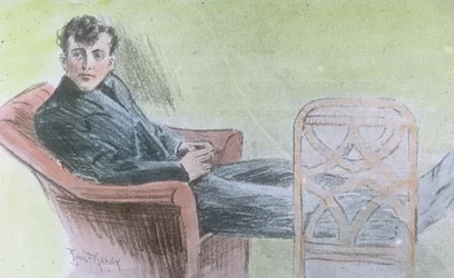 Titanics jomfrutur 1912, bildet sannsynligvis en illustrasjon av Harold Bride, en av Titanics radiooperatører for telegram, historie, historisk, Carl Simon, håndfarget glassplate