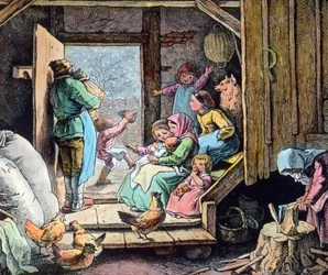 Vinteren kommer med den første snøen. Grafikk (udatert) av den tyske maleren og grafikeren Fritz Richter (1904–1981). Bildedato: ca. 1930. Carl Simon-arkivet.
