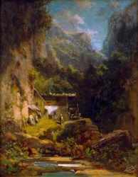 Kvern i skogsravine med figur
