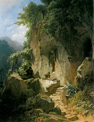 Musiserende eremitt foran sin klippehule
