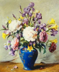 Stilleben med peoner og iris