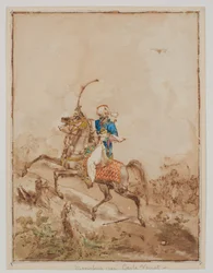 En araber på en stormende hest (akvarell, pensel, brun vask, penn og brunt blekk)