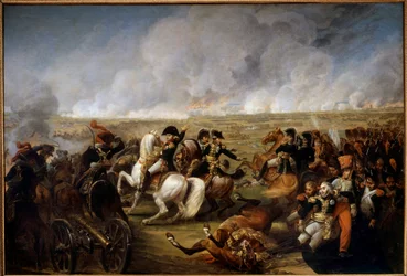 Keiser Napoleon I (1769-1821) i slaget ved Wagram 5.07.1809. Til høyre hjalp to soldater general Joseph Marie Dessaix (1764-1834), såret under slaget. Maleri av Antoine Carle Vernet (1758-1836)