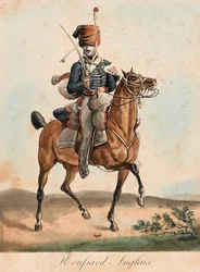 Engelsk hussar, ca. 1815 (akvatint, farget)