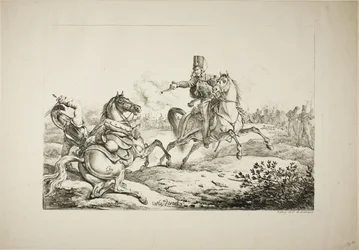 Hussar avfyrer pistolen sin ved en tysk dragon