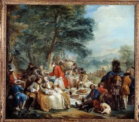Jaktstopp En piknik av adelsmenn under et jaktspill. Maleri av Charles Andre Van Loo (1705-1765) 1700-tallets søn. 2,2x2,5 m.