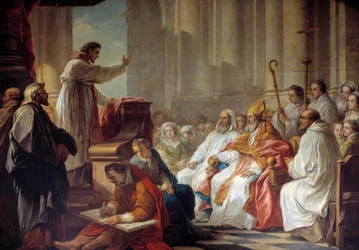 Predikasjonen av Saint Augustine (354-430) før Valere, eveque av Hippone Painting av Carle Van Loo (1705-1765) Paris fra 1700-tallet. Vår Frue av seirenes kirke