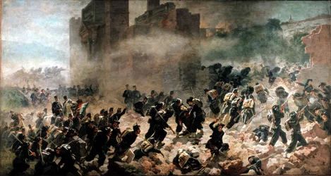 La breche de la Porta Pia, Roma (20. september 1870) - Maleri av Carlo Ademollo (1825-1911), olje på lerret. Milano, Risorgimento-museet