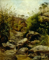 Utsikt over Scopeti gjennom steiner av Carlo Ademollo (1824-1911), olje på papp overført til kartong, 33x28 cm
