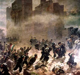 brudd i Pia-porten i Roma på tidspunktet for Risorgimento (foreningen av Italia) 1870 (olje på lerret)