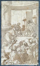The Holy Family Adoree av Saints Charles Borromee (1538-1584), Francois av Assisi (1182-1226), Claire of Assisi (1194-1253) og Lucia Drawing in Ink and Wash av Carlo Bononi (1569-1632) Søn. 0,26 x 0,15 m Paris. Museet Louvre