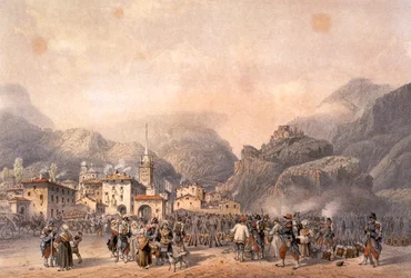 Fransk leir ved Susa i 1859, av Carlo Bossoli (1815-1884), gravering. Andre uavhengighetskrig, Italia 1800-tallet.