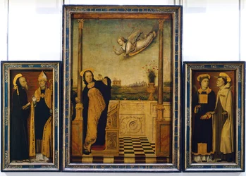Bebudelsesaltertavle med St. Benedict, St. Augustine, St. Stephen og St. Angelo av Charles Bracesco