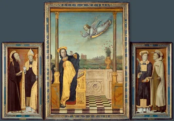 Bebudelsen, de hellige Benedikt og Augustin, de hellige Stefanus og Angelus (maleri på tre)