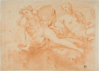 To nakne kvinnefigurer fra skyene (rekto); fragment av liggende figur (verso)