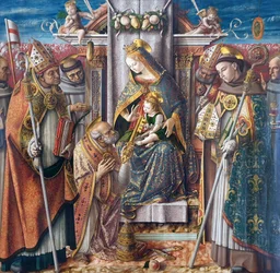 Den tronende Madonna med barnet, overrekkelsen av nøklene til apostelen Peter og med de hellige Johannes Capistrano, Emidius, Frans, Ludvig av Toulouse, den salige Giacomo della Marca og en biskop. Den tronende Madonna med barnet,