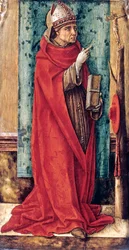 Portrett av St. Bonaventure (Giovanni da Fidanza eller Bonaventura av Bagnorea eller Bagnoregio, ca. 1220-1274), teolog, kirkens doktor (Seraphic Doctor) av Carlo Crivelli (ca. 1435-c. 1495), ca. 1490 - Olje på tre, 52,8x25,2 - Statens museer