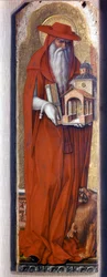 Saint Hieronymus iført kostyme til biskopen (hette). Predelle Demidoff av Carlo Crivelli (1430/35 - 1494). 1476.
