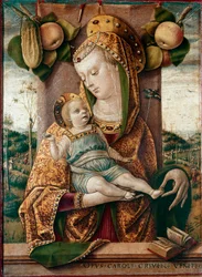Jomfruen med barnet. Bak dem epler og en agurk, nederst en åpen bok (Bibelen). Tempera på tre av Carlo Crivelli (1430/35-1494/1500)