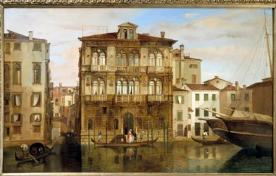 Maria Taglioni i en gondol foran bygningen hennes i Venezia, av Carlo Ferrari (1813-1871)
