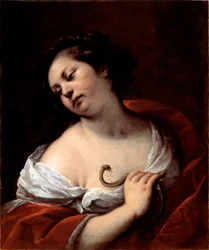 Kleopatras selvmord, Egypts dronning Kleopatra VII Thea Philopator (69-30 f.Kr.), ved bitt av en asp-slange. Kleopatras selvmord. Maleri av Carlo Francesco Nuvolone (ca. 1609-1662)