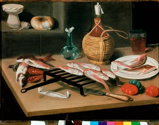 Stillebenbord med grillede fisketallerkener (mullet) og en flaske vin (damigiana). Maleri av Carlo Magini (1720-1806). Faenza, Pinacoteca comunale