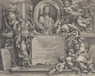 Frontispice med ovalt portrett av Raphael, med tre allegoriske figurer av kunsten sup..., 1675.