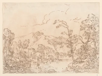 Tegning, En landsby ved en bekk i fjellandskap, 1770–86