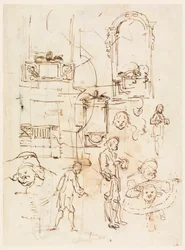 Tegning, arkitektoniske og figurative skisser, ca. 1760