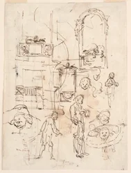 Tegning, arkitektoniske og figurative skisser, ca. 1760