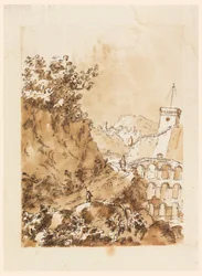 Tegning, landskap med fjellby, 1760–80