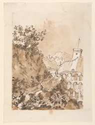 Tegning, landskap med fjellby, 1760–80
