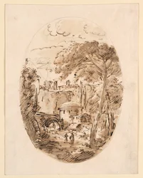 Tegning, Landskap med rytter og bro, 1750–1786